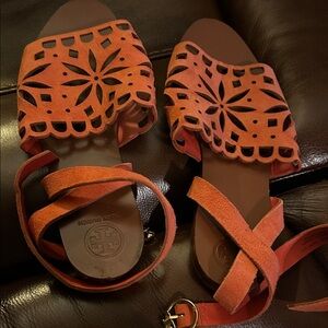 Tory Burch Cutout Suede Sandals in Rust